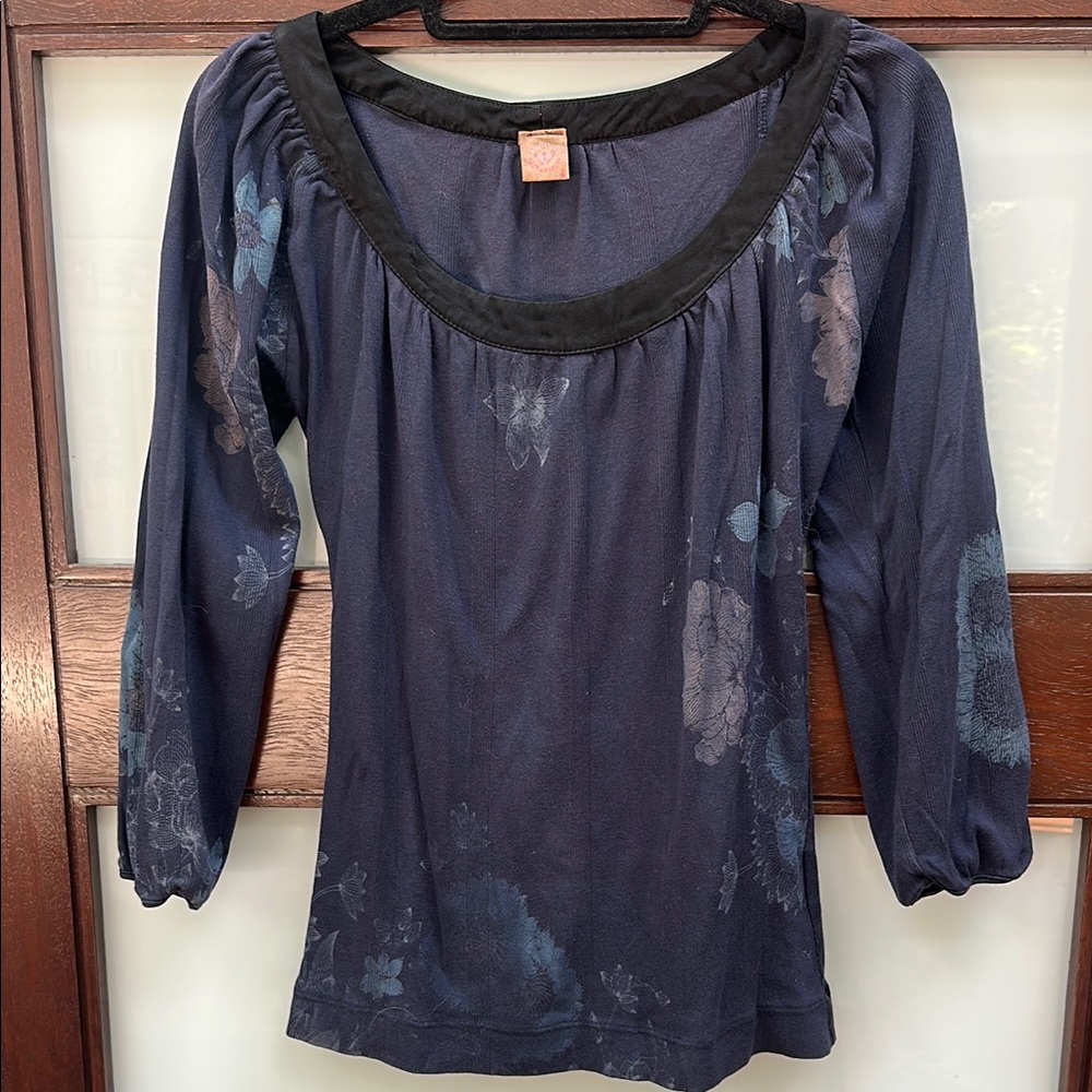 Language Los Angeles Blue Smocked 3/4 Sleeve Blouse